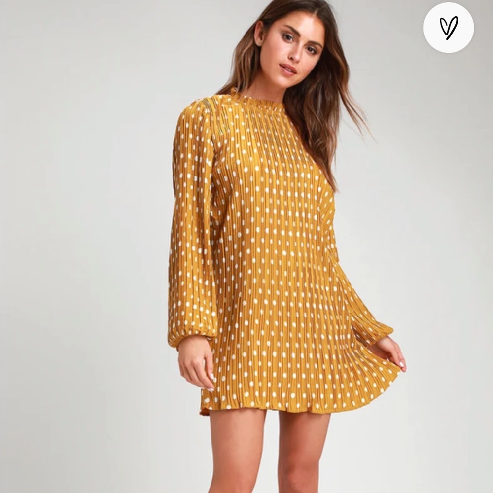 Pleat to Meet You Mustard Polka Dot Long Sleeve Shift Dress Lulus XS